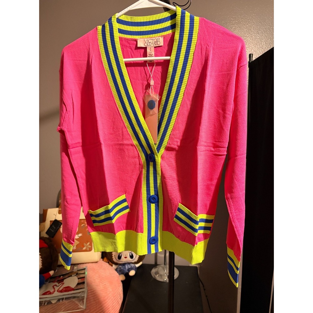 Victor Glemaud Pink with Yellow and Blue Strip Trim Button Up Sweater Sz S